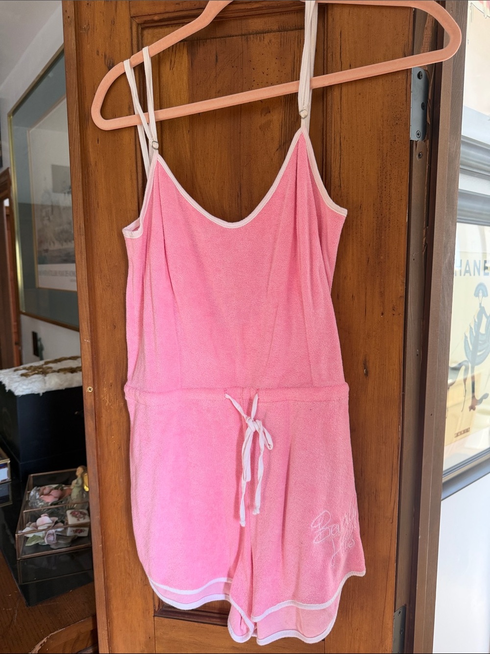 Wildfox Pink Terry Swim Romper with White Trim